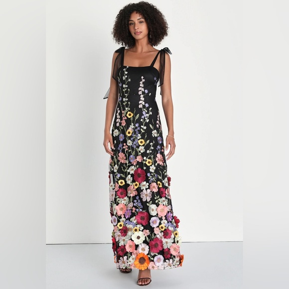 Lulus Dresses & Skirts - Thriving Poise Black 3D Floral Embroidered Tie-Strap Maxi Dress